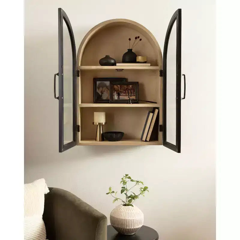 Pensile ad arco 21"x30" – Ante in vetro, bicolore nero e legno, 2 ripiani