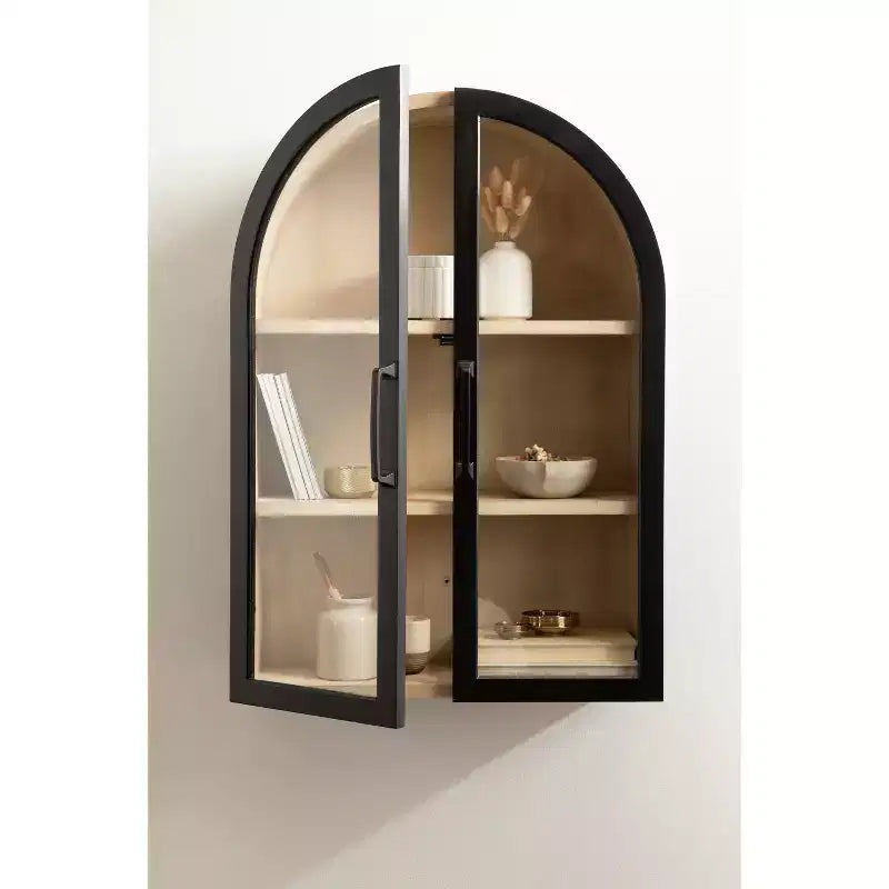 Pensile ad arco 21"x30" – Ante in vetro, bicolore nero e legno, 2 ripiani