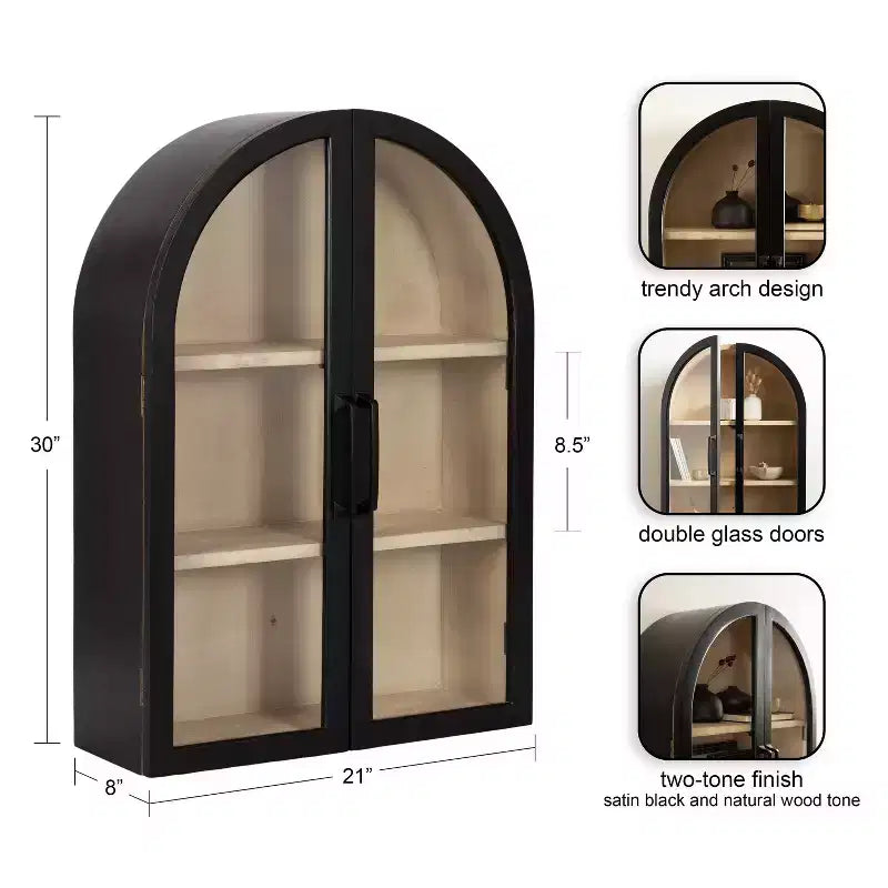 Pensile ad arco 21"x30" – Ante in vetro, bicolore nero e legno, 2 ripiani