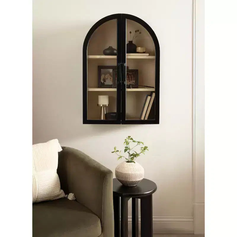 Pensile ad arco 21"x30" – Ante in vetro, bicolore nero e legno, 2 ripiani