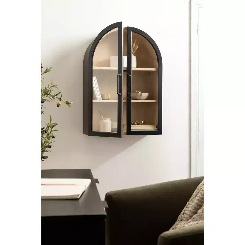 Pensile ad arco 21"x30" – Ante in vetro, bicolore nero e legno, 2 ripiani