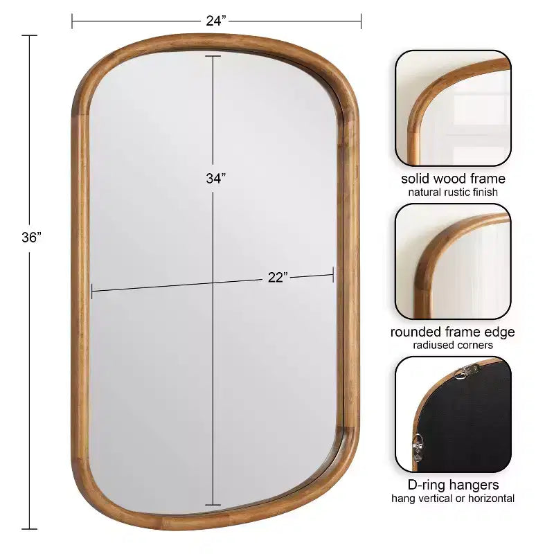 Specchio ovale da parete a capsula 24"x36" – Cornice in legno massello di pioppo, marrone rustico