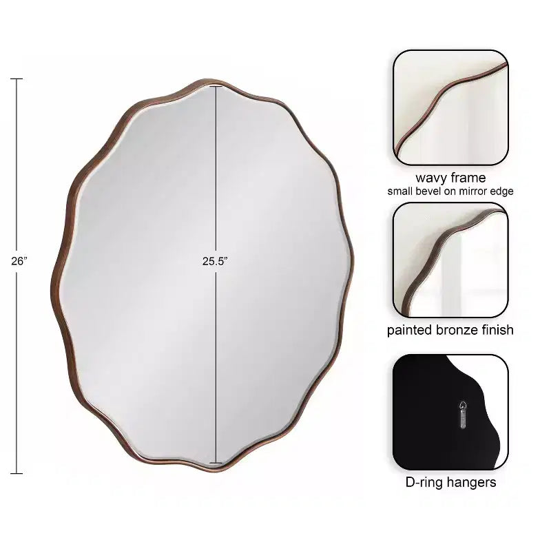 Specchio da parete rotondo smerlato da 26" – Bordo ondulato, finitura bronzo, stile glamour