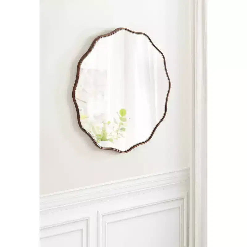 Specchio da parete rotondo smerlato da 26" – Bordo ondulato, finitura bronzo, stile glamour