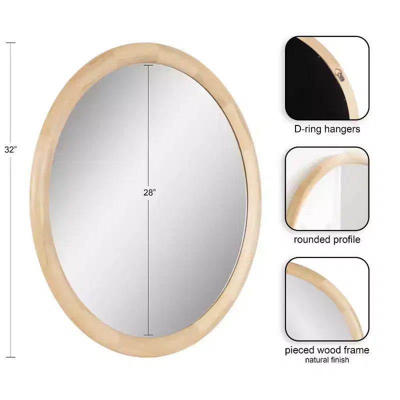 Specchio da parete rotondo da 32" – Cornice spessa in legno di pioppo, Finitura naturale