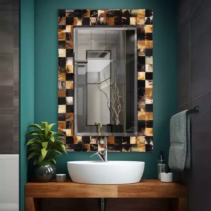 Specchio da parete rettangolare bisellato da 24" con cornice intarsiata in corno