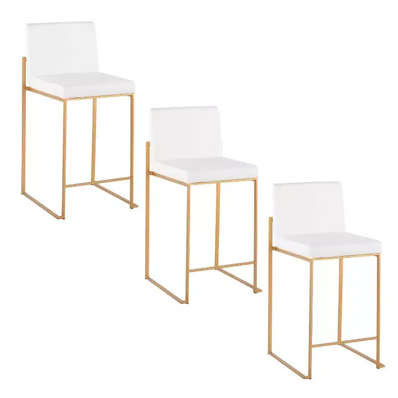 LumiSource Set of 3 Fuji High Back Counter Height Barstools Gold Steel/White PU