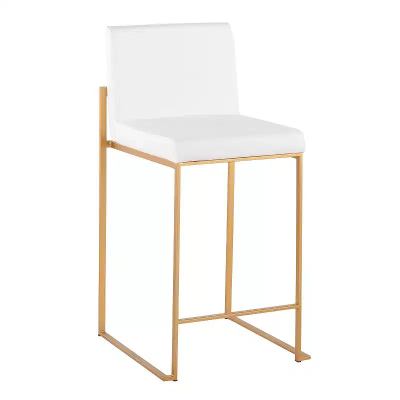Set di 3 Sgabelli da Bancone Alti – Similpelle Bianca, Struttura in Acciaio Dorato