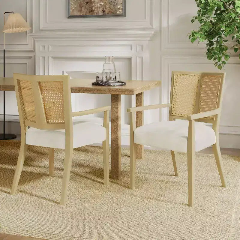 Set di 2 sedie da pranzo con braccioli – Schienale in paglia di Vienna, Imbottite, Legno di gomma