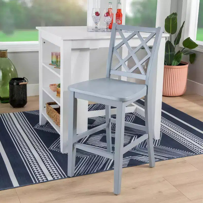 Set da pranzo salvaspazio a 3 pezzi altezza bancone – Tavolo in acacia con mensole e 2 sgabelli con schienale a griglia, grigio