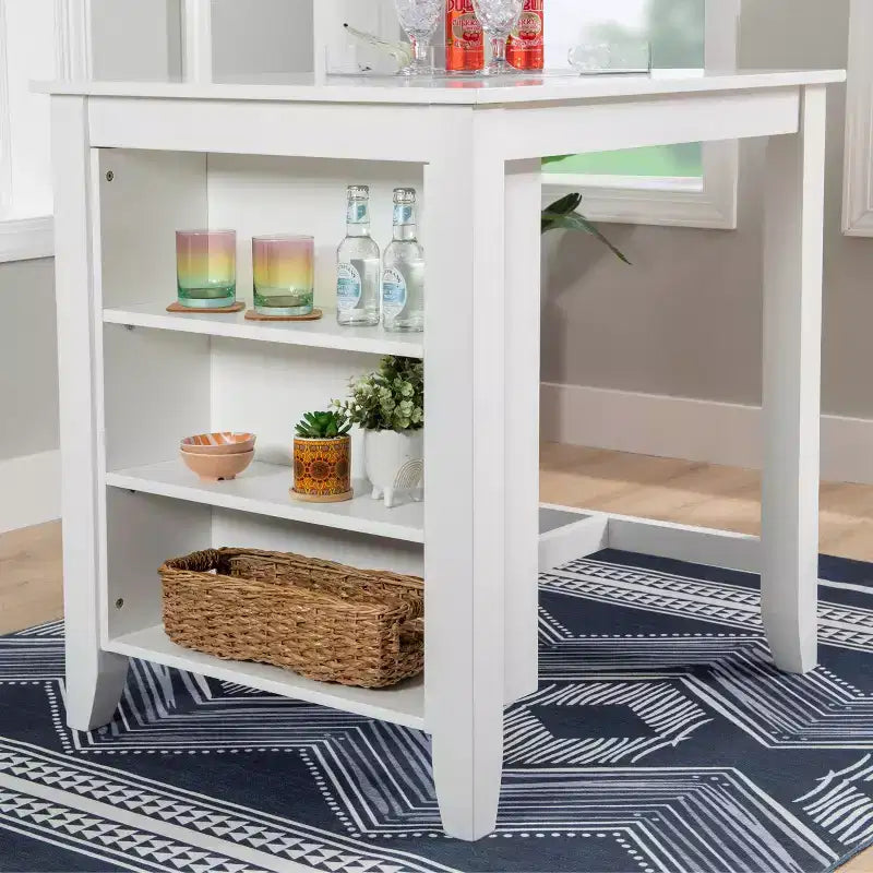 Set da pranzo salvaspazio a 3 pezzi altezza bancone – Tavolo in acacia con mensole e 2 sgabelli con schienale a griglia, grigio
