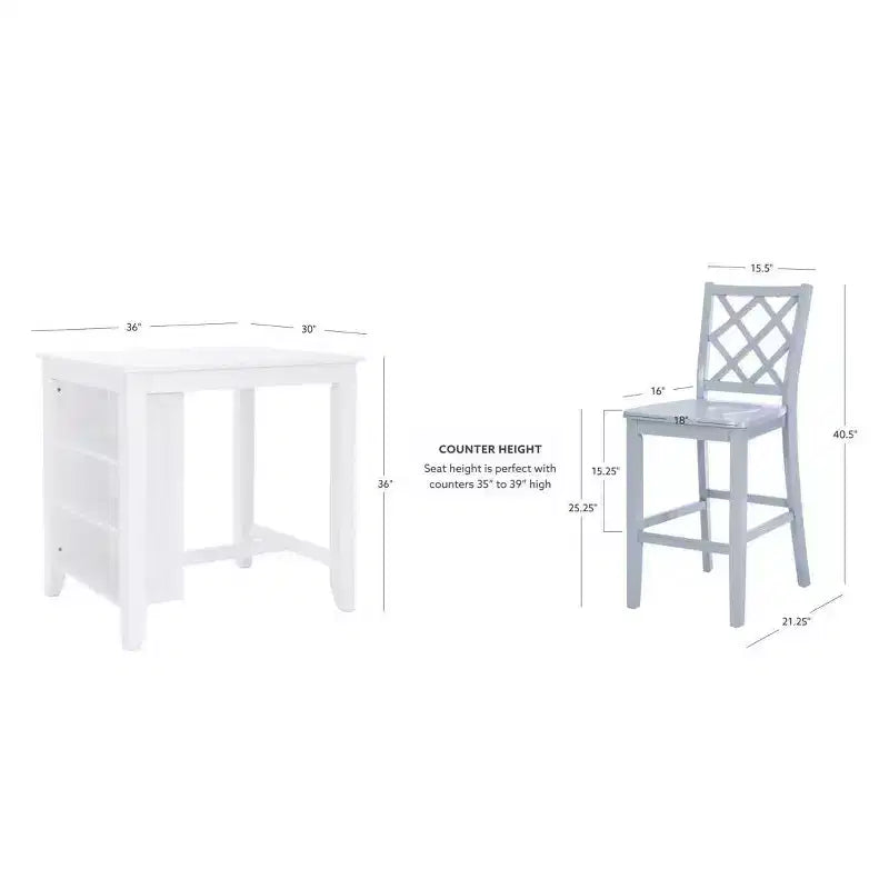 Set da pranzo salvaspazio a 3 pezzi altezza bancone – Tavolo in acacia con mensole e 2 sgabelli con schienale a griglia, grigio