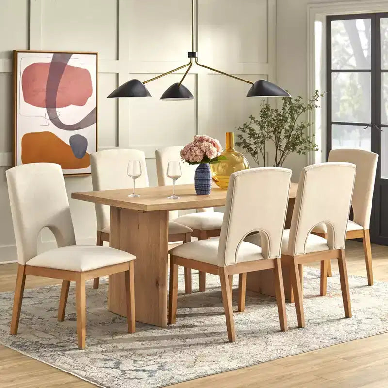 Set da pranzo moderno rettangolare da 7 pezzi – Tavolo da 160 cm e 6 sedie imbottite, rovere chiaro e beige