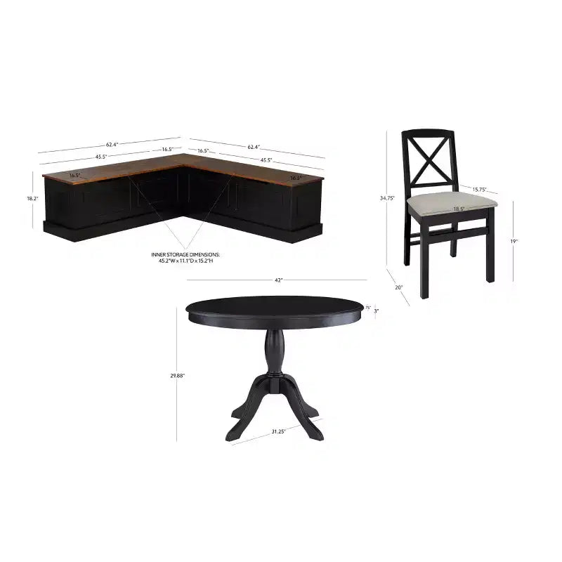 Set da pranzo ad angolo a 4 pezzi – Panchina senza schienale, vano contenitore, tavolo rotondo da 42", nero e noce