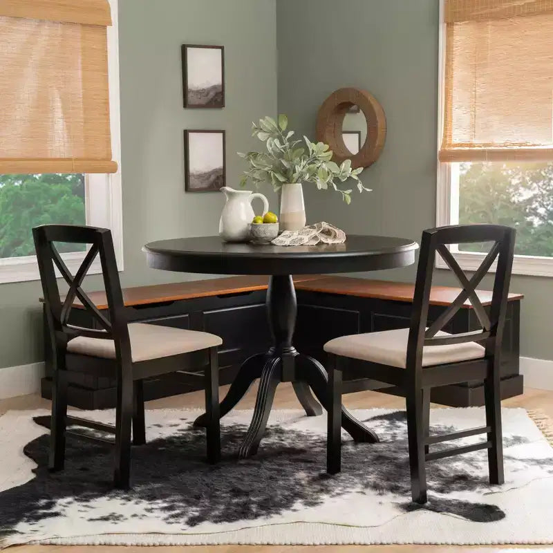 Set da pranzo ad angolo a 4 pezzi – Panchina senza schienale, vano contenitore, tavolo rotondo da 42", nero e noce