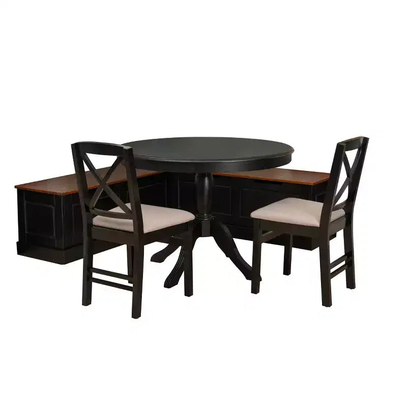 Set da pranzo ad angolo a 4 pezzi – Panchina senza schienale, vano contenitore, tavolo rotondo da 42", nero e noce