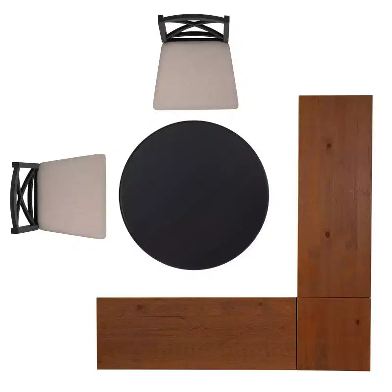 Set da pranzo ad angolo a 4 pezzi – Panchina senza schienale, vano contenitore, tavolo rotondo da 42", nero e noce