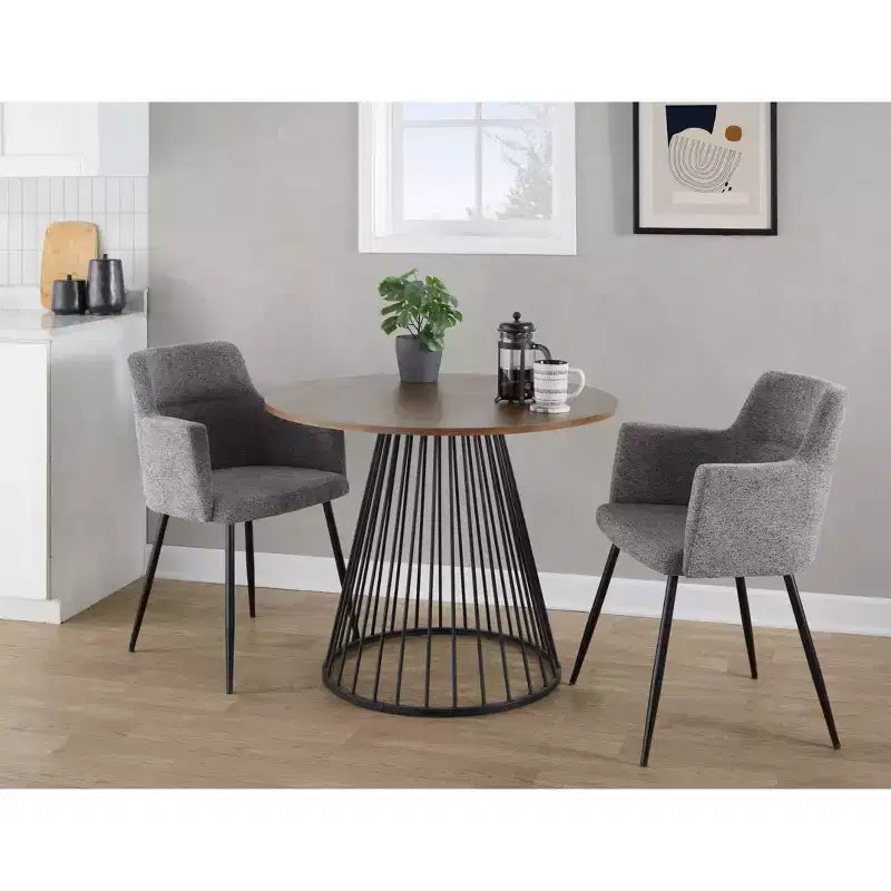 Tavolo da Pranzo Rotondo – Piano in Legno di Noce, Base a Piedistallo con Gabbia in Metallo Nero, 4 Posti a Sedere