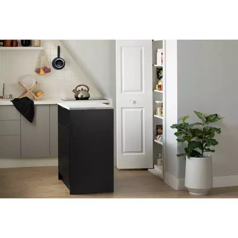 Isola da cucina compatta con cassetto e 2 ante – Nero opaco e finto marmo