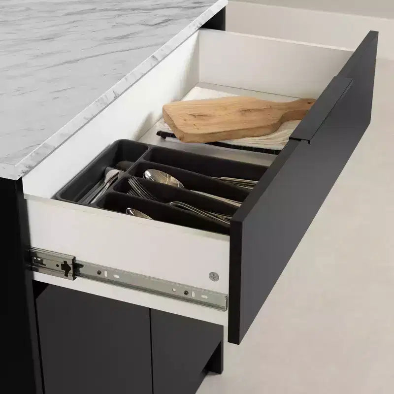 Isola da cucina compatta con cassetto e 2 ante – Nero opaco e finto marmo