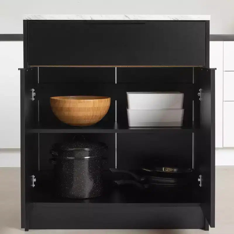 Isola da cucina compatta con cassetto e 2 ante – Nero opaco e finto marmo