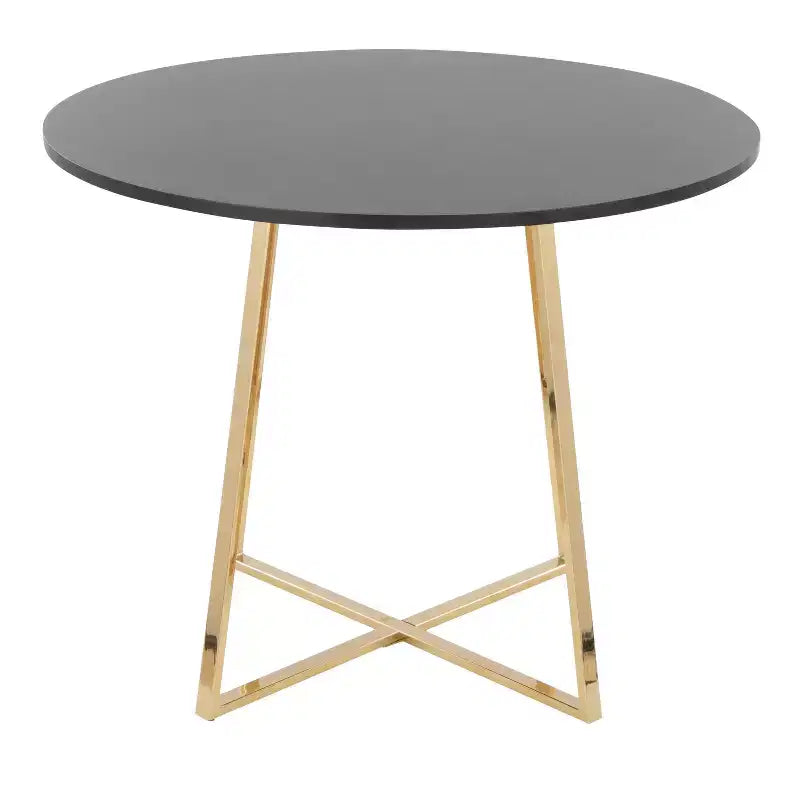 Tavolo da pranzo rotondo – piano in MDF nero, base a piedistallo geometrica in metallo dorato, 4 posti