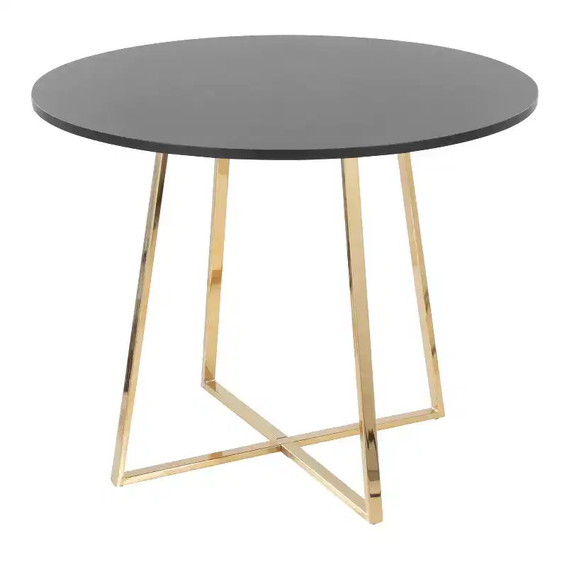 Tavolo da pranzo rotondo – piano in MDF nero, base a piedistallo geometrica in metallo dorato, 4 posti