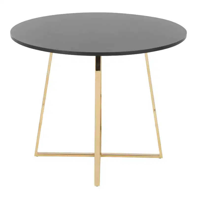 Tavolo da pranzo rotondo – piano in MDF nero, base a piedistallo geometrica in metallo dorato, 4 posti