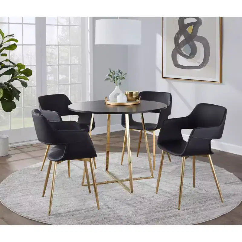 Tavolo da pranzo rotondo – piano in MDF nero, base a piedistallo geometrica in metallo dorato, 4 posti