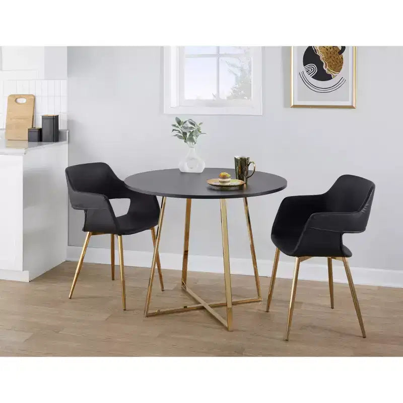 Tavolo da pranzo rotondo – piano in MDF nero, base a piedistallo geometrica in metallo dorato, 4 posti