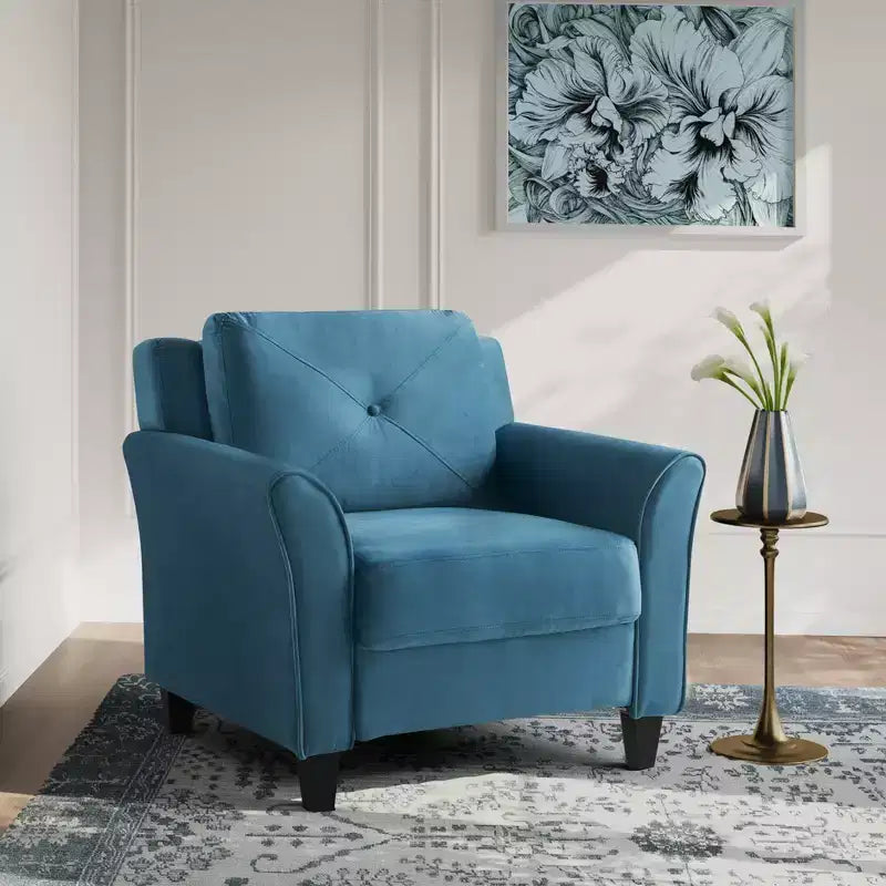 Poltrona d'accento imbottita trapuntata – Velluto blu con braccioli arrotolati