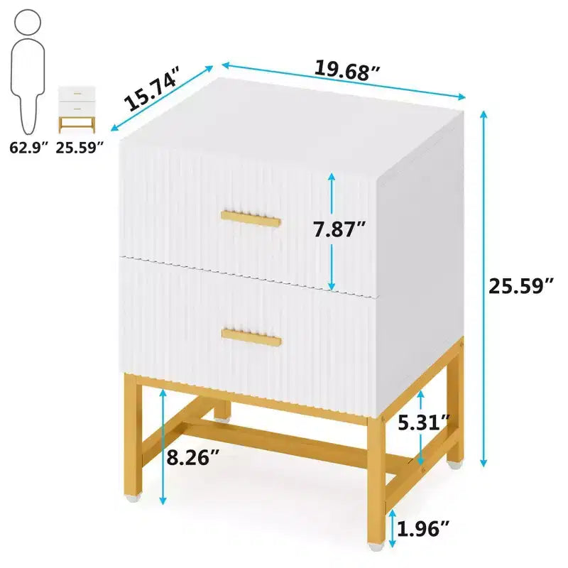 Comodino moderno scanalato – Bianco, 2 cassetti, ferramenta in ottone satinato
