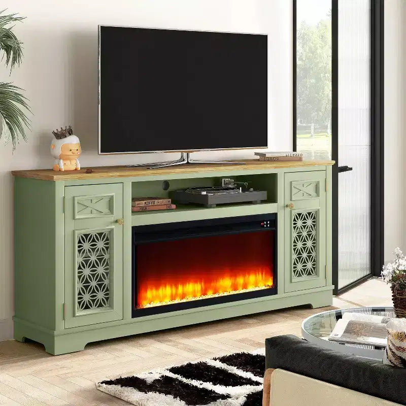 Mobile TV da 70" stile rustico con camino elettrico – Adatto per TV fino a 80", verde