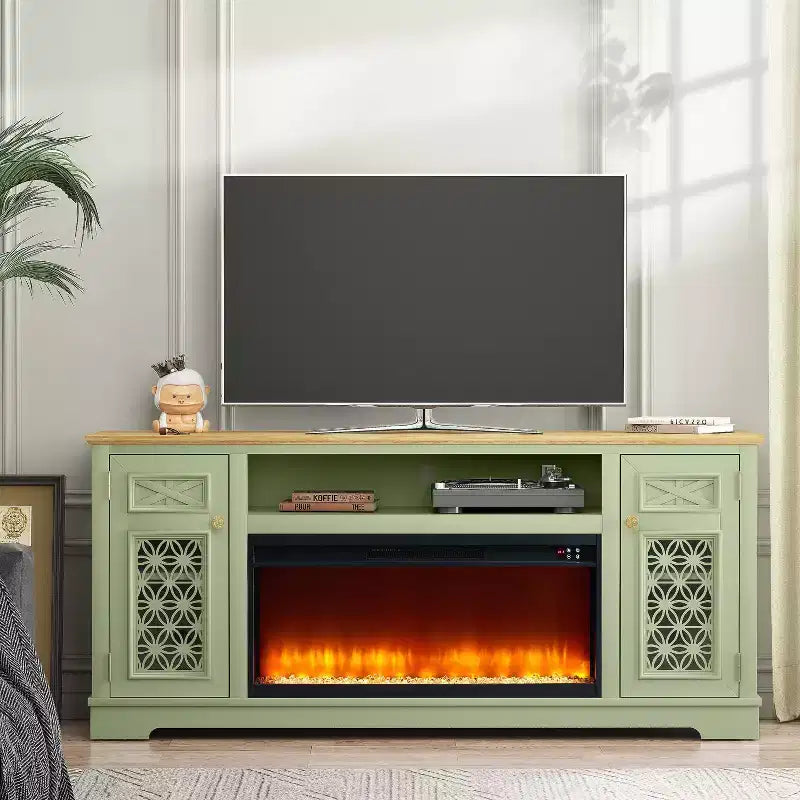 Mobile TV da 70" stile rustico con camino elettrico – Adatto per TV fino a 80", verde