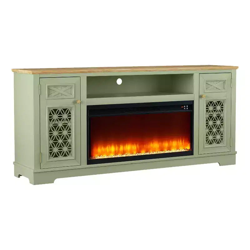 Mobile TV da 70" stile rustico con camino elettrico – Adatto per TV fino a 80", verde
