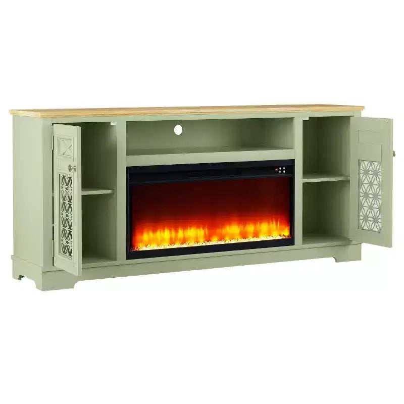 Mobile TV da 70" stile rustico con camino elettrico – Adatto per TV fino a 80", verde