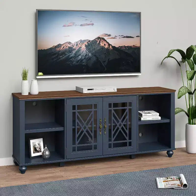 Mobile TV 70" stile vintage per TV fino a 80" – Blu marino, Ante intagliate