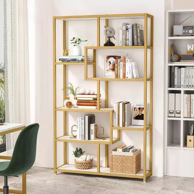 Libreria a 5 ripiani da 179,98 cm – Ripiani effetto marmo, struttura in metallo dorato