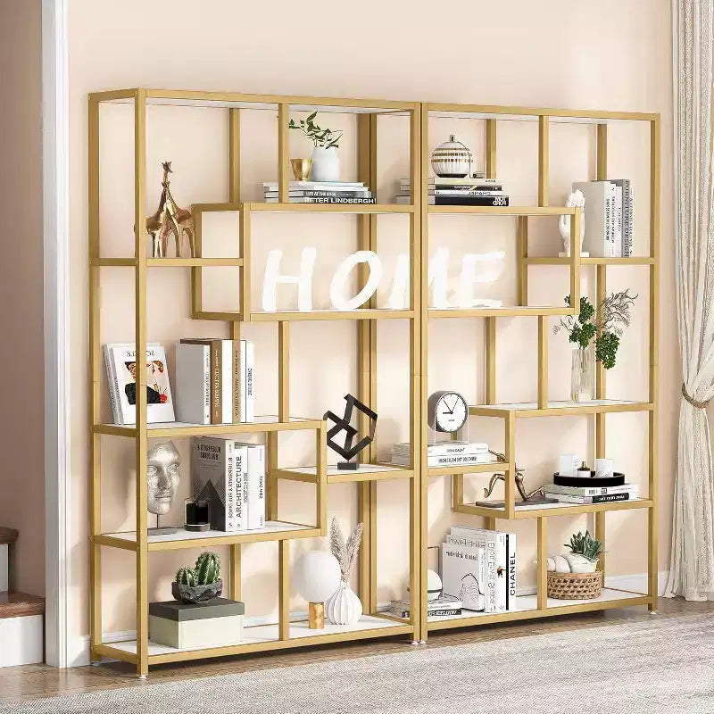 Libreria a 5 ripiani da 179,98 cm – Ripiani effetto marmo, struttura in metallo dorato