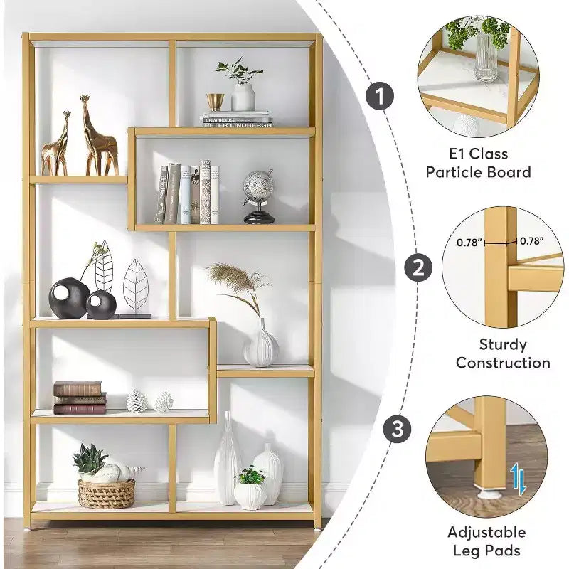 Libreria a 5 ripiani da 179,98 cm – Ripiani effetto marmo, struttura in metallo dorato