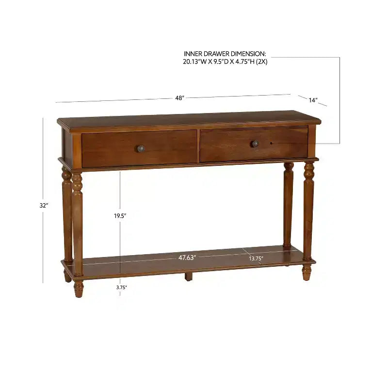 Consolle da 48" – Legno di acacia color nocciola, 2 cassetti, ripiano a giorno