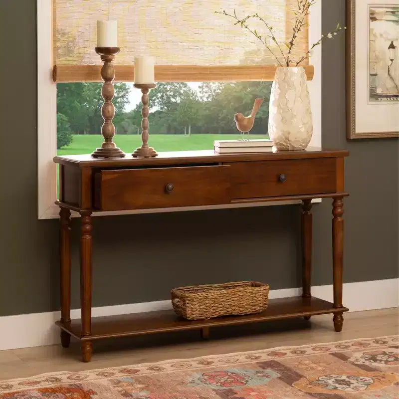 Consolle da 48" – Legno di acacia color nocciola, 2 cassetti, ripiano a giorno