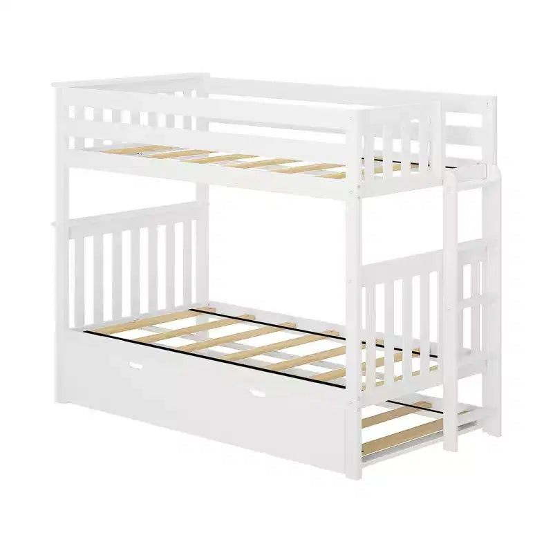 Letto a castello singolo su singolo con scaletta terminale e letto estraibile – Legno massiccio, per bambini