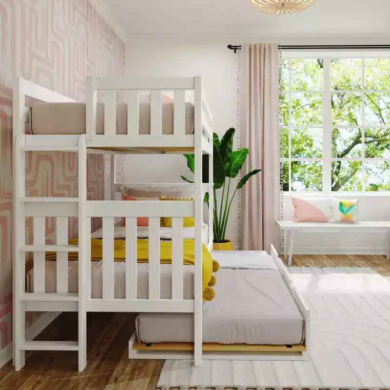 Letto a castello singolo su singolo con scaletta terminale e letto estraibile – Legno massiccio, per bambini