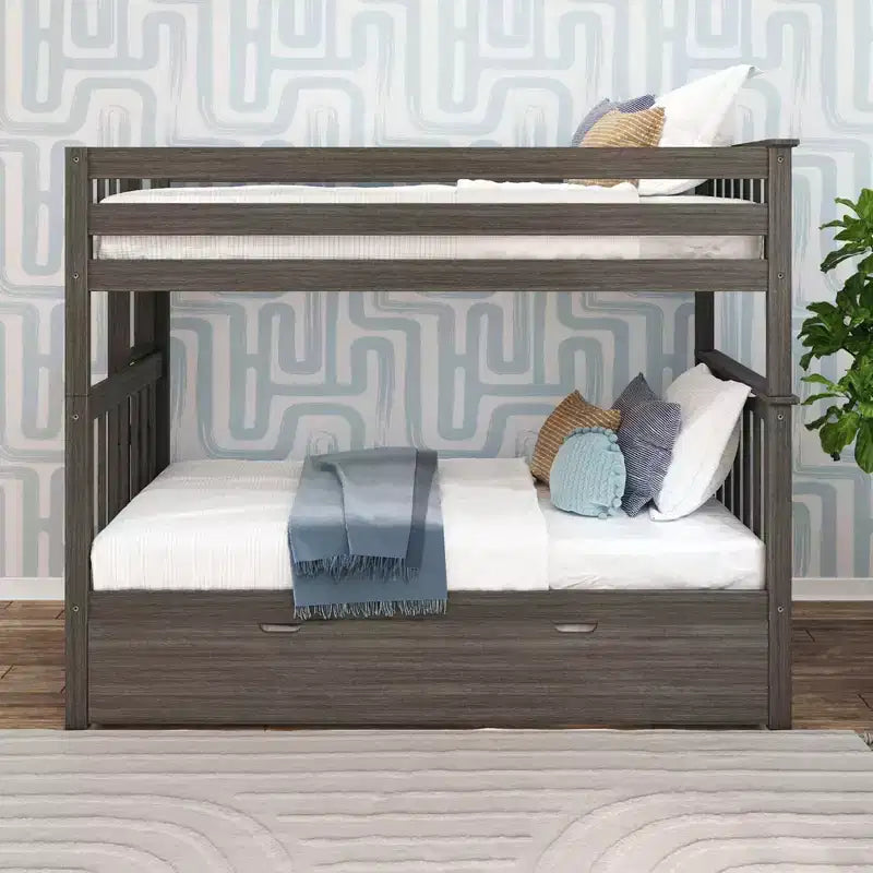 Letto a castello singolo su singolo con scaletta terminale e letto estraibile – Legno massiccio, per bambini