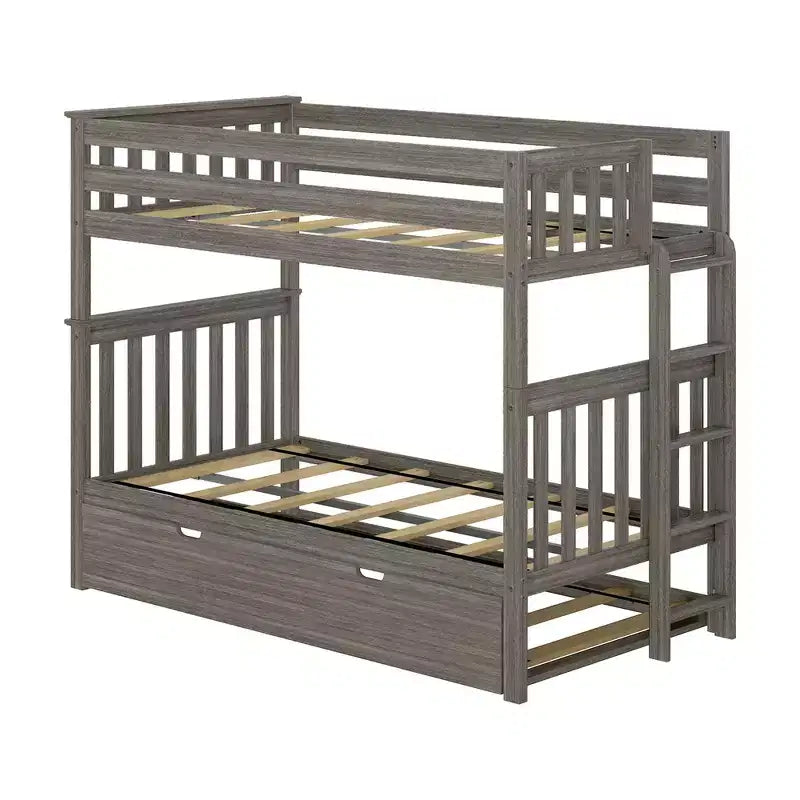 Letto a castello singolo su singolo con scaletta terminale e letto estraibile – Legno massiccio, per bambini