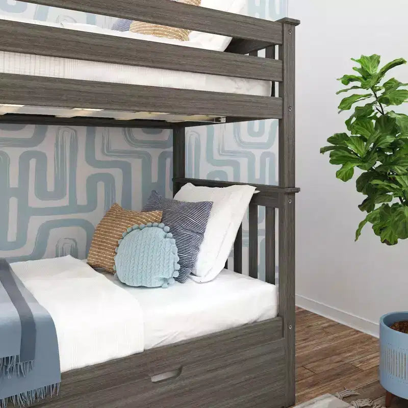 Letto a castello singolo su singolo con scaletta terminale e letto estraibile – Legno massiccio, per bambini