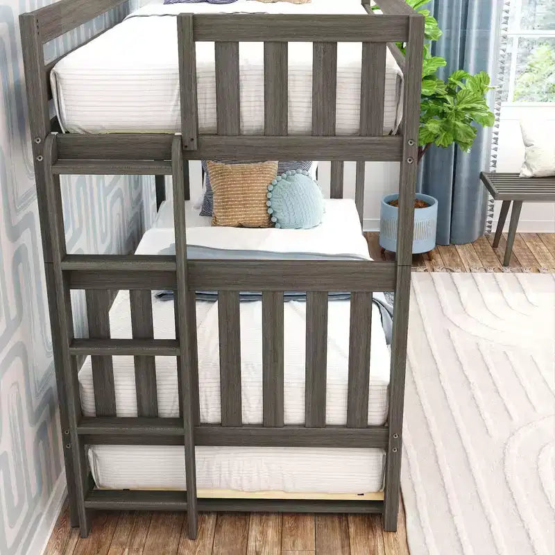 Letto a castello singolo su singolo con scaletta terminale e letto estraibile – Legno massiccio, per bambini