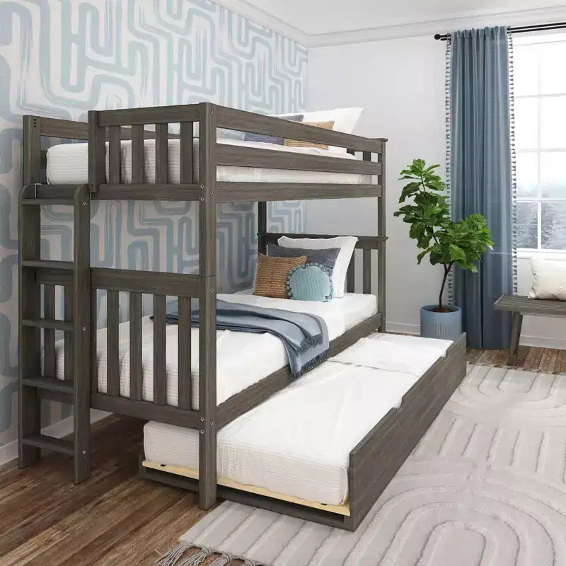 Letto a castello singolo su singolo con scaletta terminale e letto estraibile – Legno massiccio, per bambini
