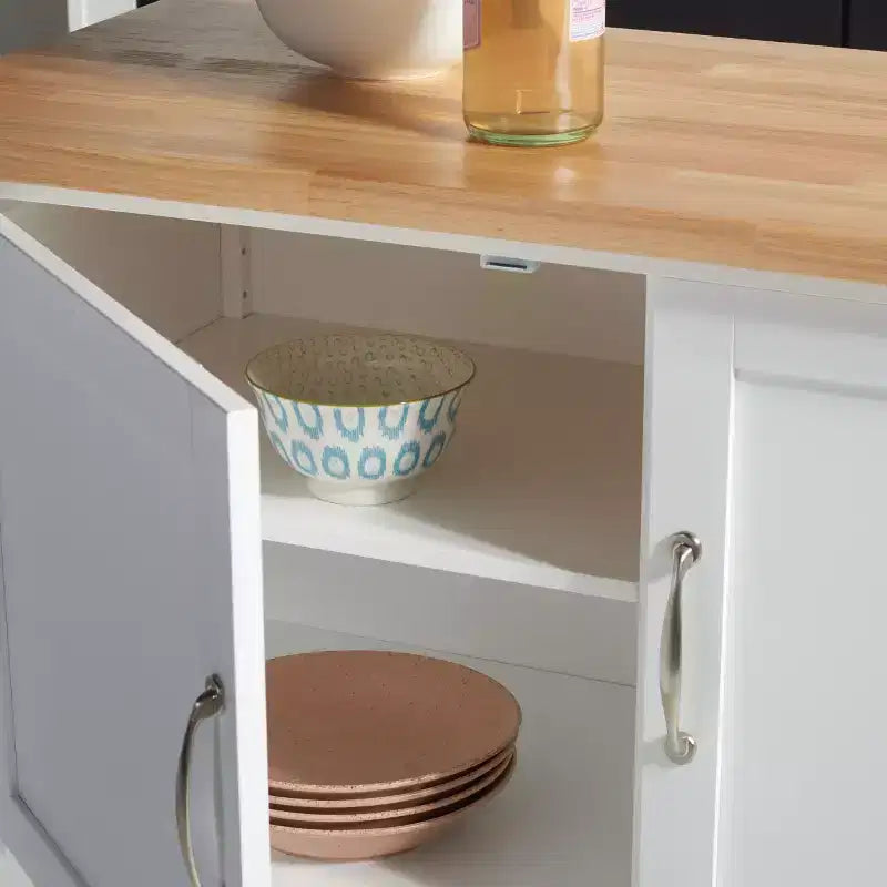 Carrello da cucina con 2 ante e 1 ripiano – Bianco e piano in legno naturale